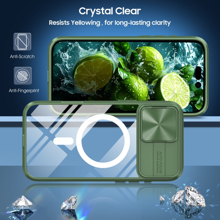 Funda para iPhone 16 Plus Cubierta Deslizante Acrílico Transparente PC TPU Magsafe (Verde Oliva)