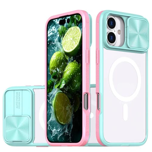 Funda para iPhone 16 Plus Cobertura Total Cubierta Deslizante Lente Magsafe Acrílico (Azul y Rosa)