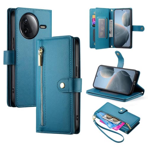 Funda de cuero con cremallera y ranura para tarjetas para Redmi K80/K80 Pro (azul)