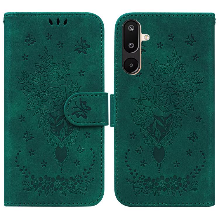 Funda de piel con relieve de mariposa y rosa para Samsung Galaxy M16 5G / F16 5G / M36 5G (verde)