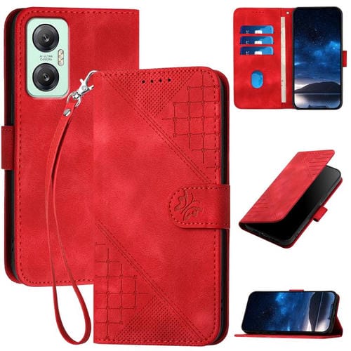 Funda de Cuero Infinix Hot 20 5G con Diseño Mariposa En Relieve y Cordón (Rojo)