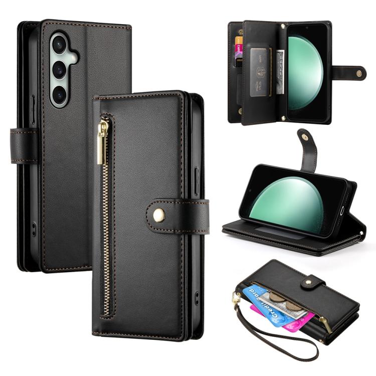 Funda de cuero con cremallera y nueve ranuras para tarjetas para Samsung Galaxy S25 FE 5G (negra)