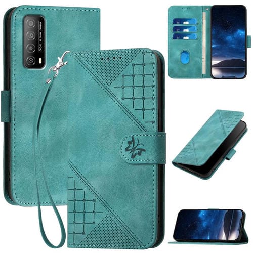 Funda de Cuero para Huawei Enjoy 20 Se 4G con Diseño Mariposa en Relieve y Cordón (Azul Claro)