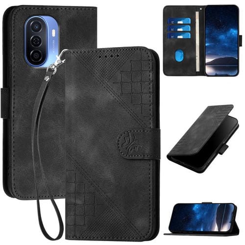 Funda de Cuero para Huawei Enjoy 50/Nova Y70 con Diseño Mariposa en Relieve y Cordón (Negro)