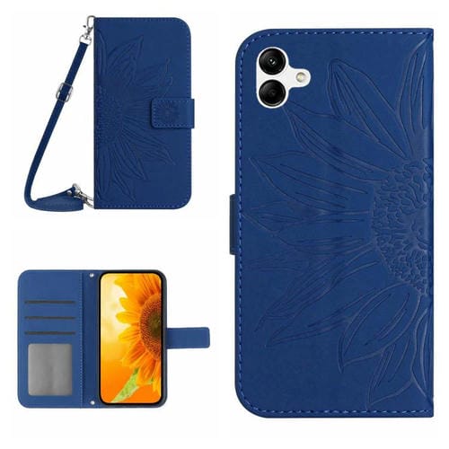 Funda de Cuero con Tapa y Cordón para Samsung Galaxy A06 5G Diseño Girasol (Azul Oscuro)
