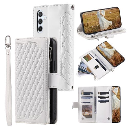 Funda de cuero con cremallera y cordón para Samsung Galaxy A17 5G (textura de cuadrícula, blanco)