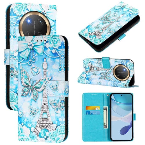 Funda de Cuero para Honor X9C 5G con Tejido Liso y Patrón Mariposa en Forma de Torre (Color)