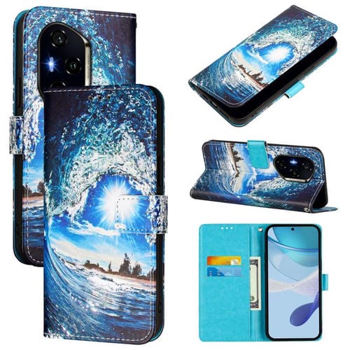 Funda de Cuero para Honor 300 Pro y 300 Ultra con Diseño Ondas y Sol (Colores Lisos)