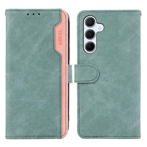 Funda de cuero magnética RFID ABEEL con diseño de bloques de color para Samsung Galaxy A17 5G (cian-rosa)