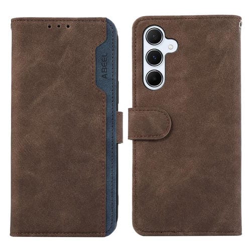 Funda de cuero magnética RFID ABEEL con diseño de bloques de color para Samsung Galaxy A17 5G (marrón y azul)