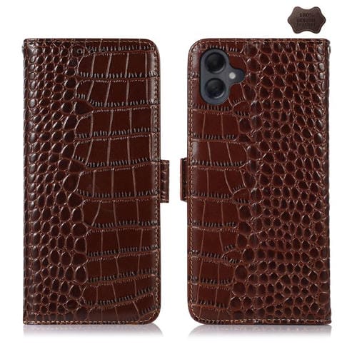 Funda de piel de vacuno con capa superior de cocodrilo para Samsung Galaxy A07 5G (marrón)