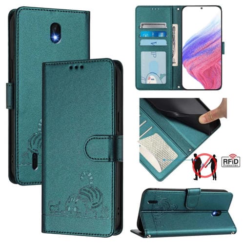 Funda de Cuero RFID para Nokia C01 Plus/C1 2.ª Edición con Relieve de Rata y Gato y Cordón (Verde Pavo Real)