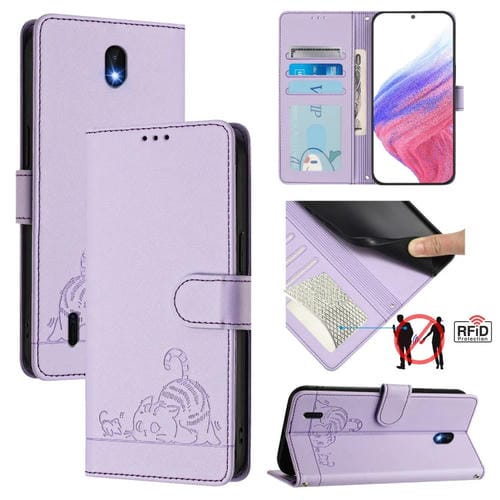 Funda de Cuero Rfid con Relieve de Rata de Gato para Nokia C01 Plus / C1 2.ª Edición con Cordón (Morado)