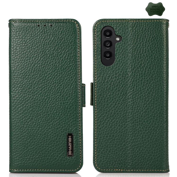 Funda de cuero genuino KHAZNEH con imán lateral RFID para Samsung Galaxy A17 5G (verde)