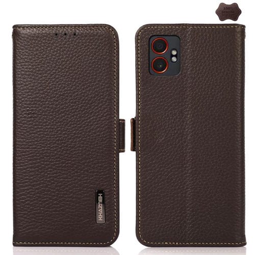 Funda de cuero genuino KHAZNEH con imán lateral y RFID para Samsung Galaxy XCover7 Pro (marrón)