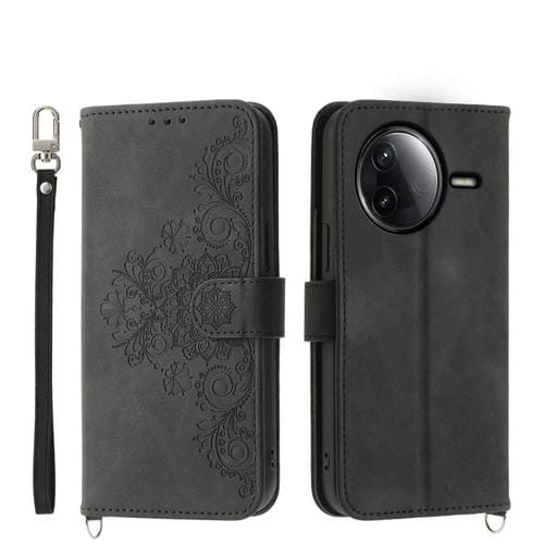 Funda de cuero con relieve floral para Redmi K80/K80 Pro (negro)