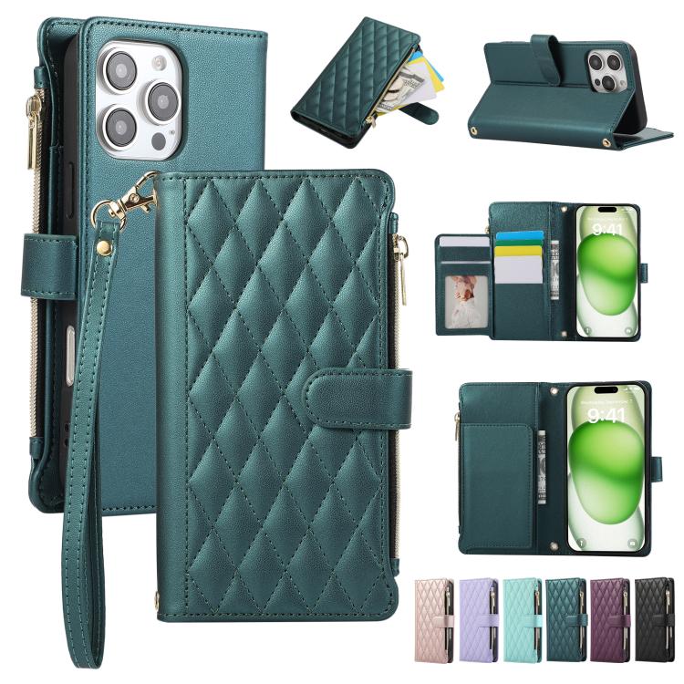 Funda de Cuero Tipo Billetera Rombal con Cremallera para iPhone 16 Pro Max (Verde)