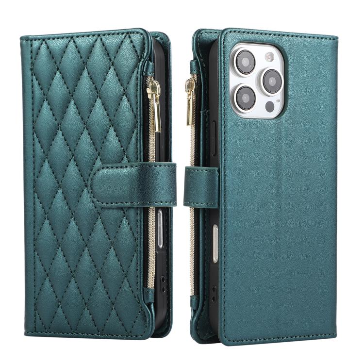 Funda de Cuero Tipo Billetera Rombal con Cremallera para iPhone 16 Pro Max (Verde)