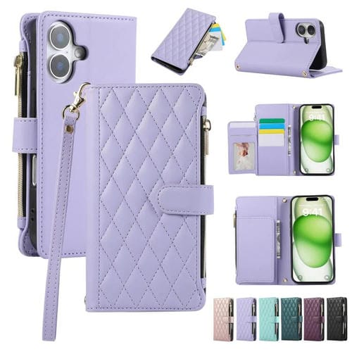 Funda de Cuero Tipo Billetera con Cremallera y Diseño Rombal para iPhone 16 Plus (Morado)