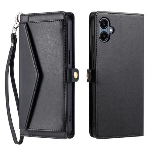 Funda de cuero con ranura para múltiples tarjetas y cordón para Samsung Galaxy A07 4G (negro)