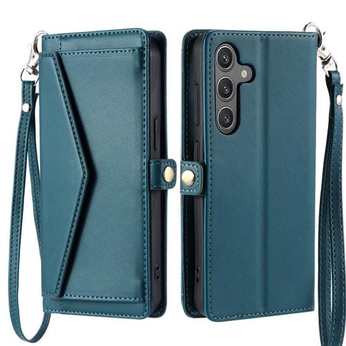 Funda de cuero con ranura para múltiples tarjetas y cordón para Samsung Galaxy A17 5G (verde)