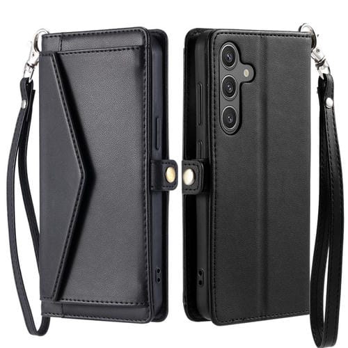 Funda de cuero con ranura para múltiples tarjetas y cordón para Samsung Galaxy A17 5G (negro)