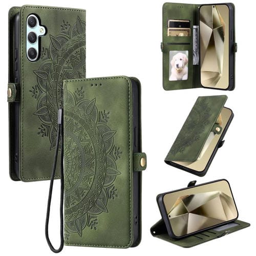Funda de piel con relieve Totem para Samsung Galaxy S25 FE 5G (verde oscuro)