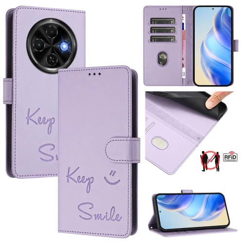 Funda de Cuero Rfid con Relieve Sonriente para Tecno Spark 30C (Morado Claro)