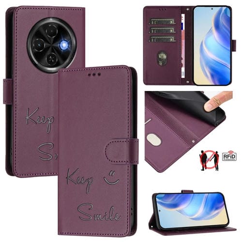 Funda de Cuero Rfid con Relieve Sonriente para Tecno Spark 30C (Violeta)