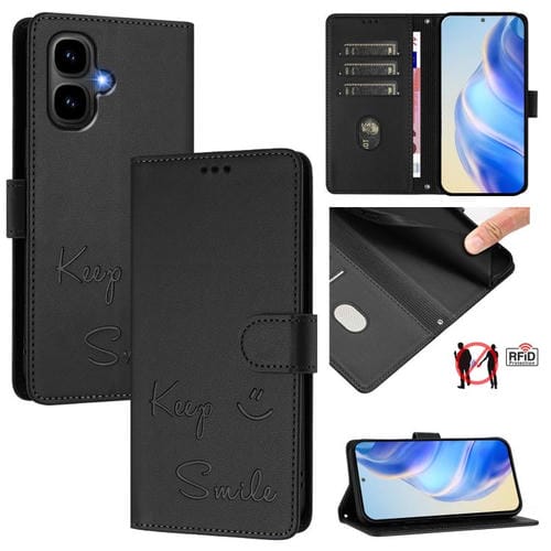 Funda de cuero RFID con relieve sonriente para Tecno Pop 10 / Infinix Smart 10 4G (negra)