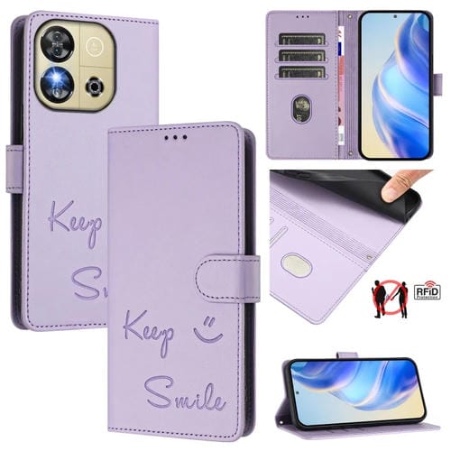 Funda de Cuero Rfid con Relieve Sonriente para Oukitel C57S (Morado Claro)