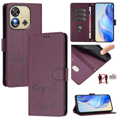 Funda de Cuero Rfid con Relieve Sonriente para Oukitel C57S (Violeta)