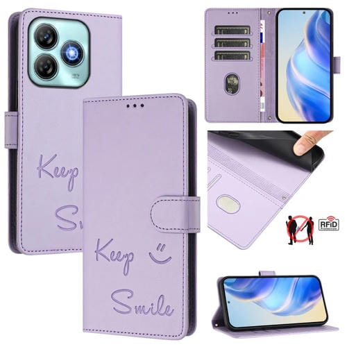 Funda de Cuero Rfid para ZTE Blade A75 4G con Relieve Sonriente (Morado Claro)