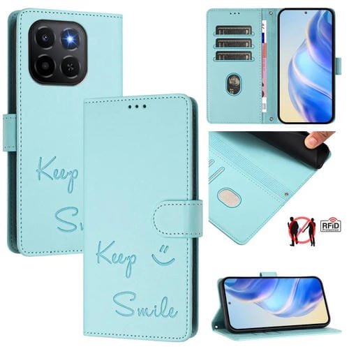 Funda de cuero RFID con relieve sonriente para Honor X6c 4G (verde menta)