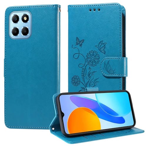 Funda de Cuero para Honor Play 6C/X6S/70 Lite con Diseño de Mariposas y Flores en Relieve (Azul)