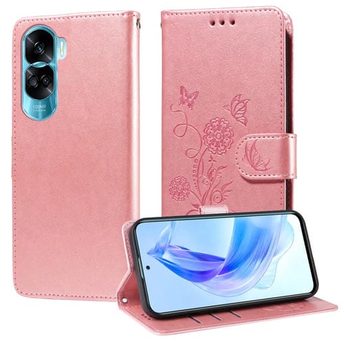 Funda de Cuero para Honor X50I 5G y 90 Lite con Diseño de Mariposas y Flores en Relieve (Oro Rosa)