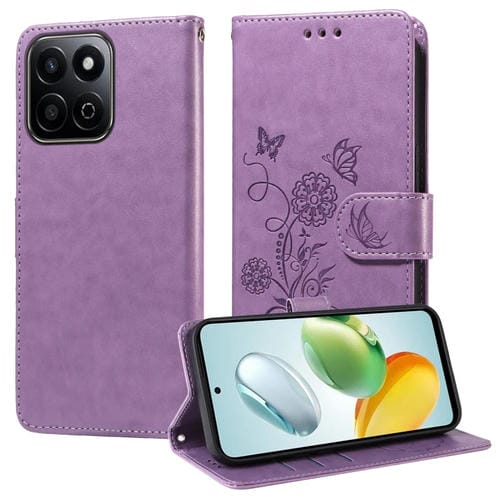 Funda de Cuero Honor Play 60 Plus con Diseño de Mariposas y Flores en Relieve (Morado)