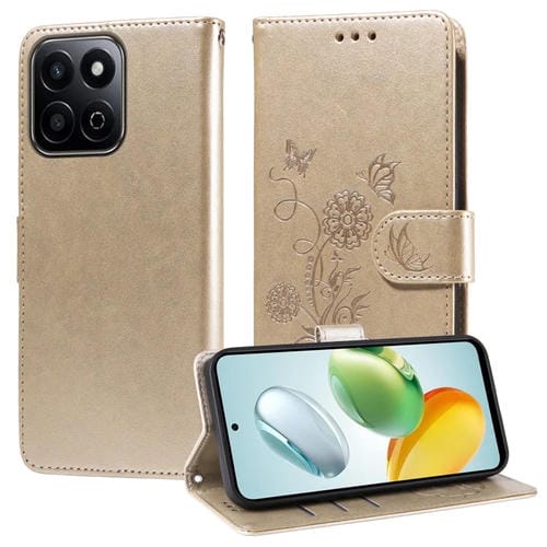 Funda de Cuero para Honor Play 60 Plus con Diseño de Mariposas y Flores en Relieve (Dorada)