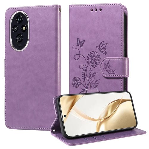 Funda de Cuero para Honor 200 con Diseño de Flores y Mariposa en Relieve (Morado)