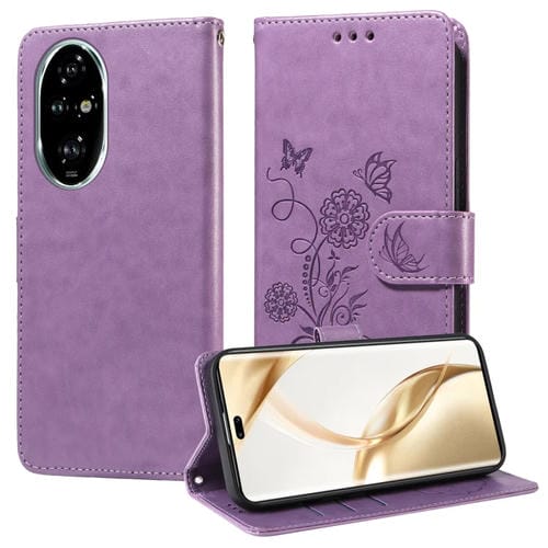 Funda de Cuero Honor 200 Pro con Diseño de Mariposas y Flores en Relieve (Morado)