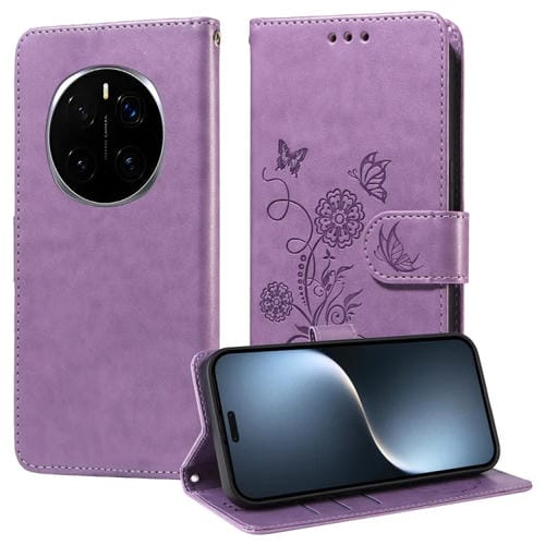 Funda de Cuero Honor Magic7 Pro con Diseño de Mariposas y Flores en Relieve (Morado)