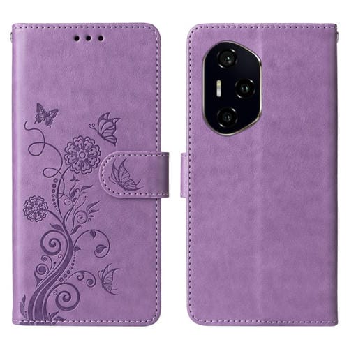 Funda de Cuero para Honor 300 Ultra con Diseño de Mariposas y Flores en Relieve (Morado)