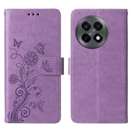 Funda de Cuero OnePlus 13R Ace 5 Ace 5 Pro con Diseño de Mariposas y Flores en Relieve (Morado)