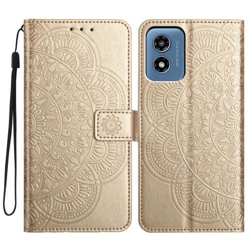 Funda de Piel con Relieve Floral para Motorola Moto G Play (2024) (Dorada)