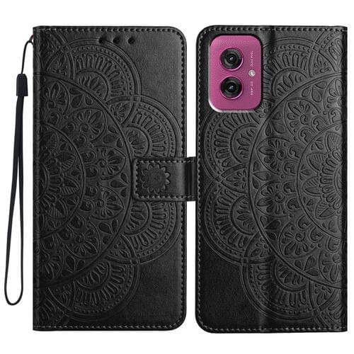 Funda de Cuero con Relieve Floral para Motorola Moto G55 (Negra)