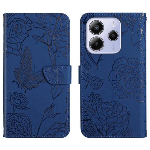 Funda de Cuero con Tapa y Diseño de Mariposa En Relieve para Redmi Note 14 4G (163,25mm) (Azul)