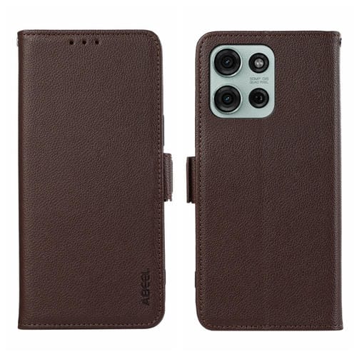 Funda de Cuero con Patrón de Lichi y Cierre Magnético para Motorola Moto G75 5G (Marrón)