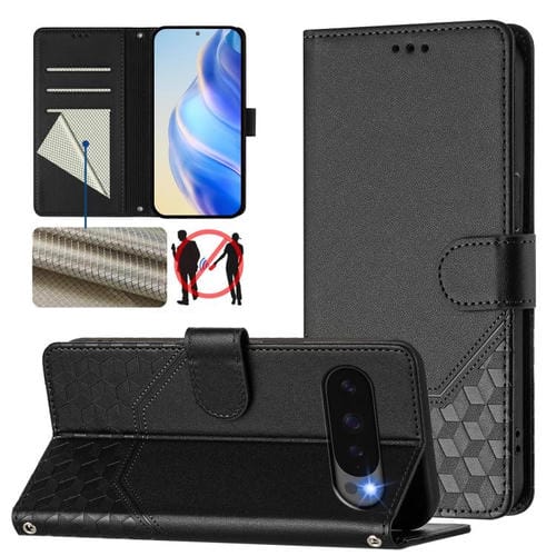 Funda de Cuero con Relieve de Panal Global Rfid para Google Pixel 10 5G y 10 Pro 5G (Negra)