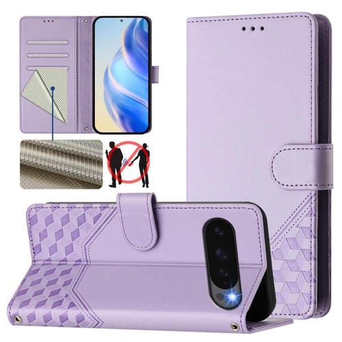 Funda de Cuero con Relieve Panal Global RFID para Google Pixel 10 5G y 10 Pro 5G (Morado Claro)