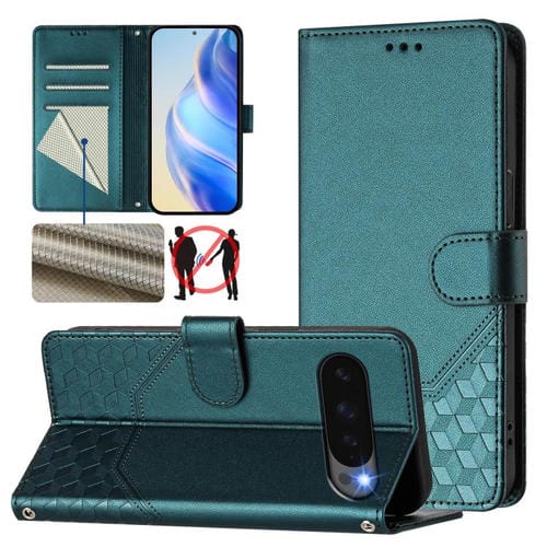 Funda de Cuero con Relieve de Panal Global RFID para Google Pixel 10 Pro XL 5G (Verde Pavo Real)